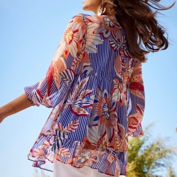 Soft Surroundings Tory Tunic Womens Sz XS Floral Stripes Sheer Boho Embroidered - Picture 3 of 11